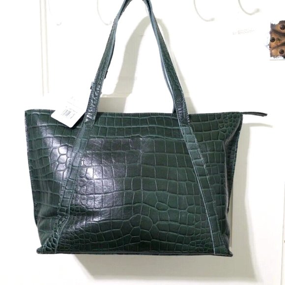NEW Assots London AGNES Forest Green Croc 100% Leather Satchel Handbag Purse Zip - Picture 3 of 12